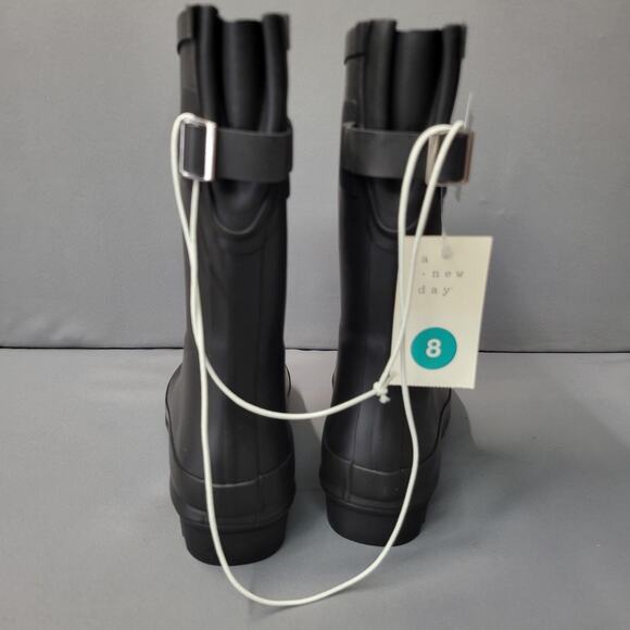 A New Day Boots Womens Size 8 Black Waterproof Mid Calf Rain Shoes Rubber Buckle - Picture 8 of 16